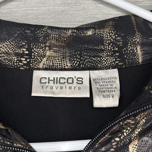 Chico’s Travelers Full Zip Black and Gold Metallic Snake Skin Jacket Size 2 - Picture 3 of 9